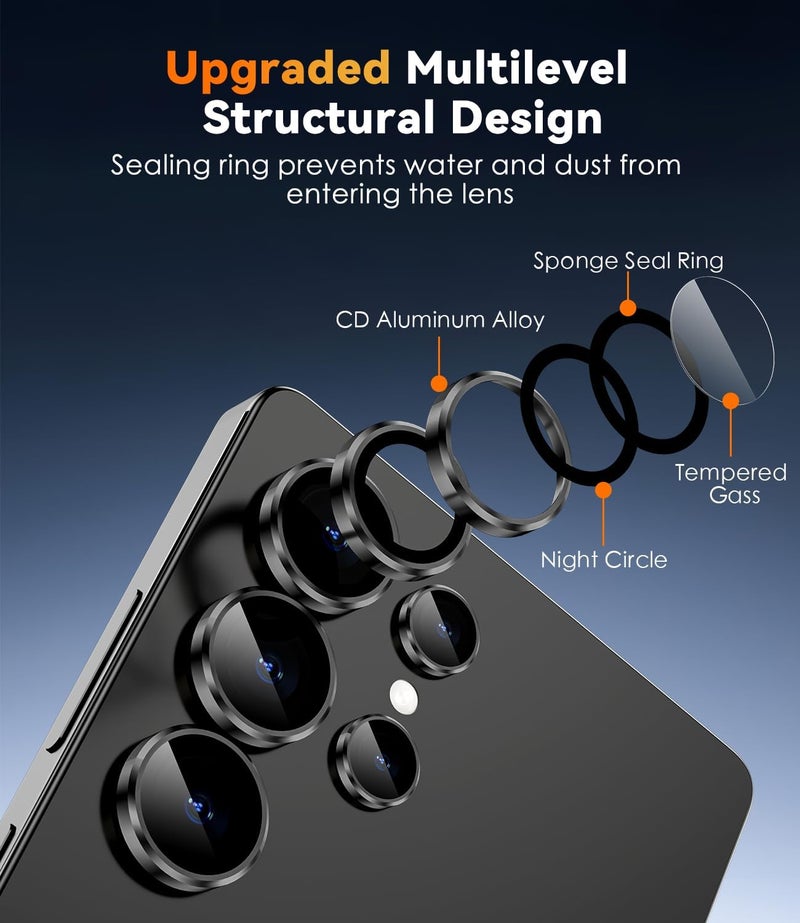 CloudValley for Samsung Galaxy S25 Ultra Camera Lens Protector, 9H Tempered Glass + Aluminum Alloy Individual Lens Protective Ring, [1 Second Installaion] Ultra-HD Glass Cover,Titanium Black - Image 4